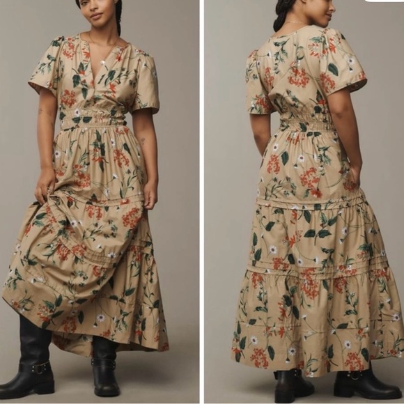 Anthropologie Dresses & Skirts - Anthropologie the Somerset Cotton Beige Floral tiered Maxi Dress